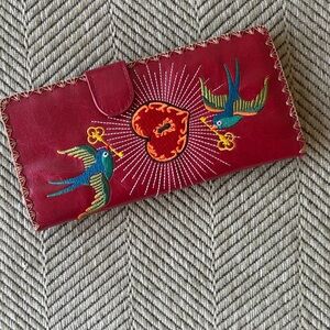 Brand New Boho Mexico-Inspired Artisan Red Leather Wallet with Embroidery